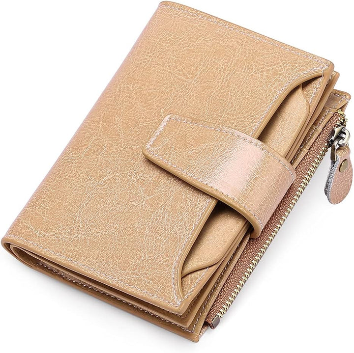 Back view of a women's compact RFID blocking leather wallet, showcasing its slim profile.