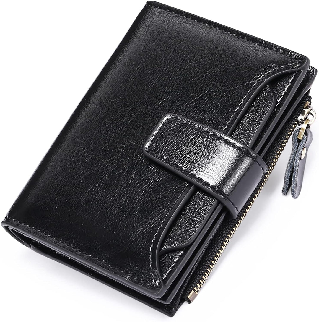 Woman's hand holding a stylish compact RFID blocking leather wallet, perfect for daily errands.