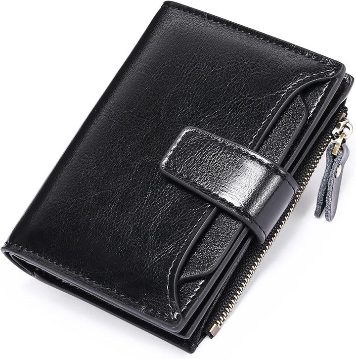 Woman's hand holding a stylish compact RFID blocking leather wallet, perfect for daily errands.