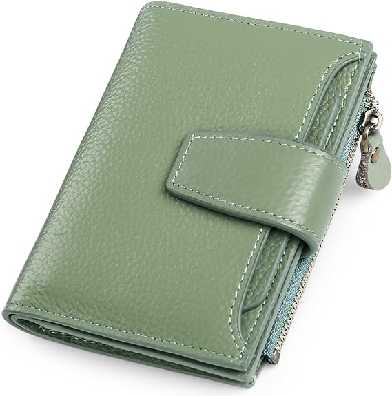 Durable women's compact leather wallet with RFID blocking technology, ideal for cards, cash & coins.