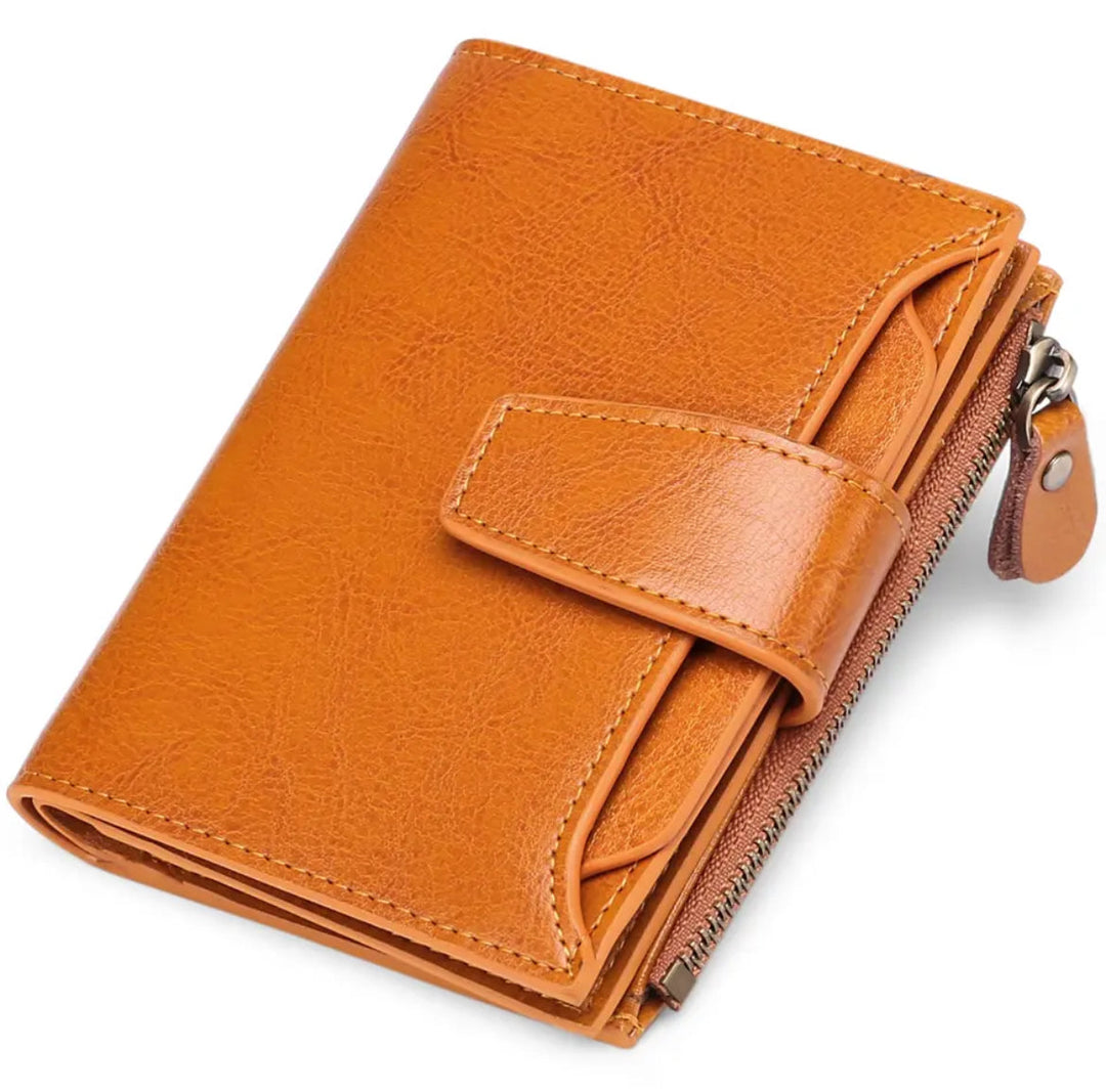 Secure women's RFID blocking leather wallet, compact design for cards & cash.