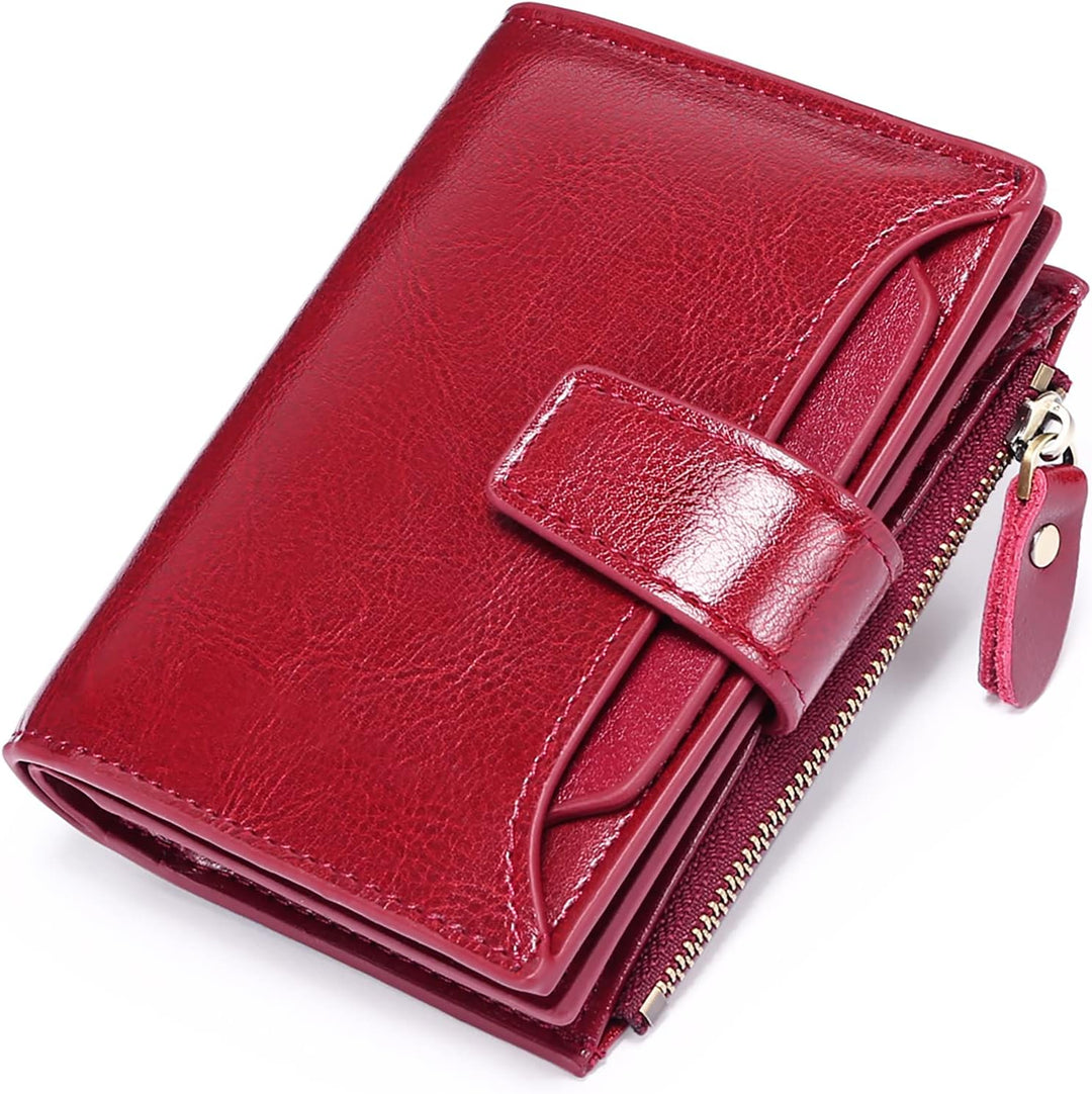 Stylish women's compact leather wallet with RFID protection, perfect for everyday use.