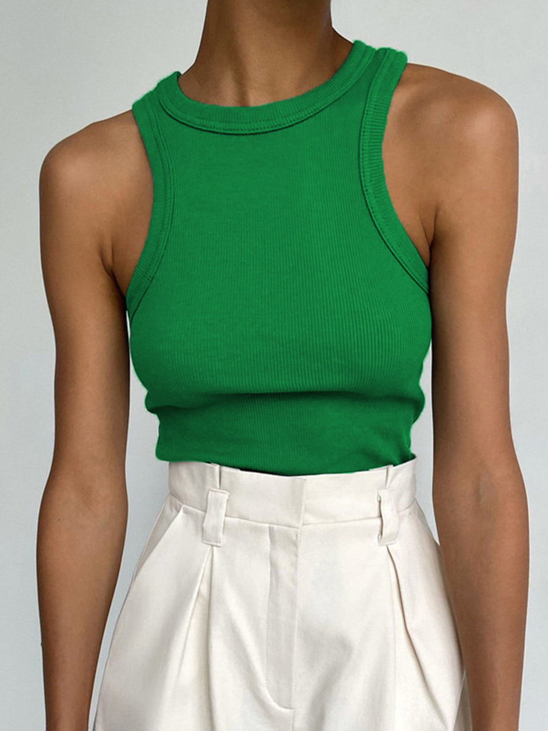 High neckline women's ribbed crop tank top, a trendy sleeveless top for summer fashion.