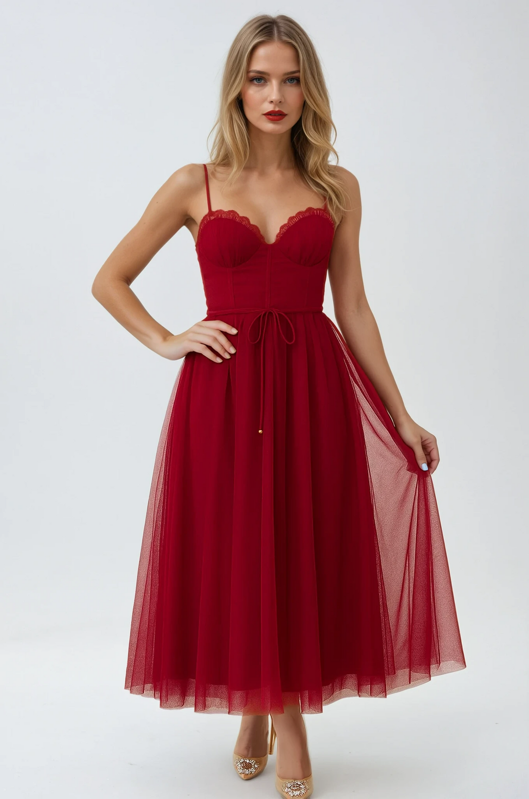 Women's romantic corset midi gown, elegant and flowing for special occasions or evening parties.