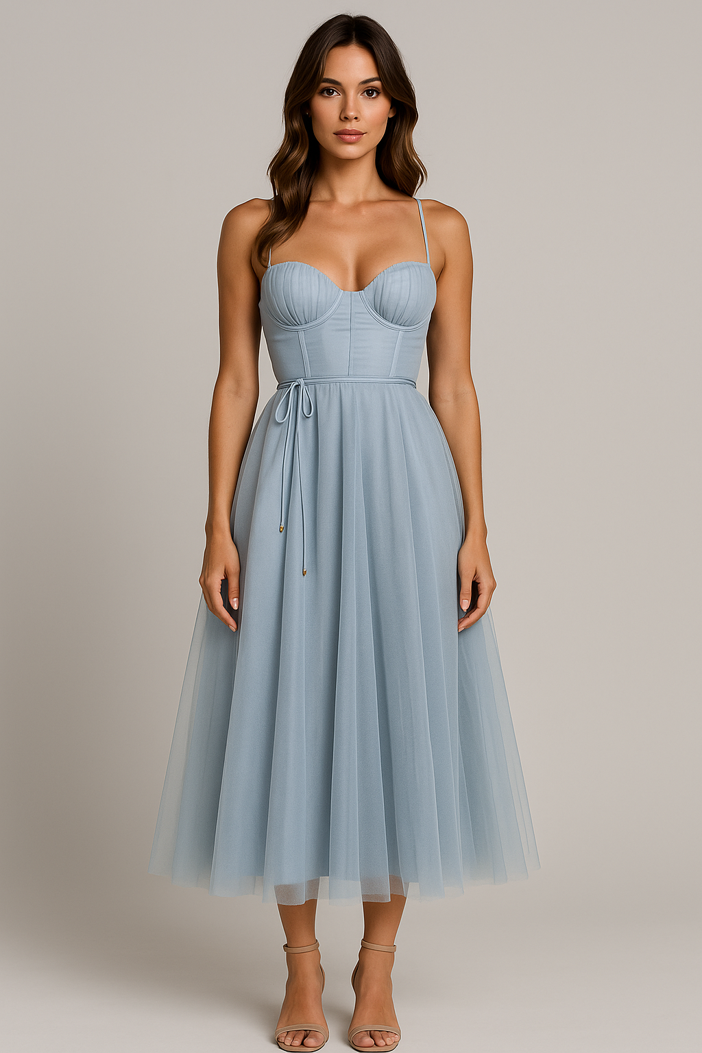 Elegant women's midi dress, a formal evening gown with a romantic corset design, perfect for parties.