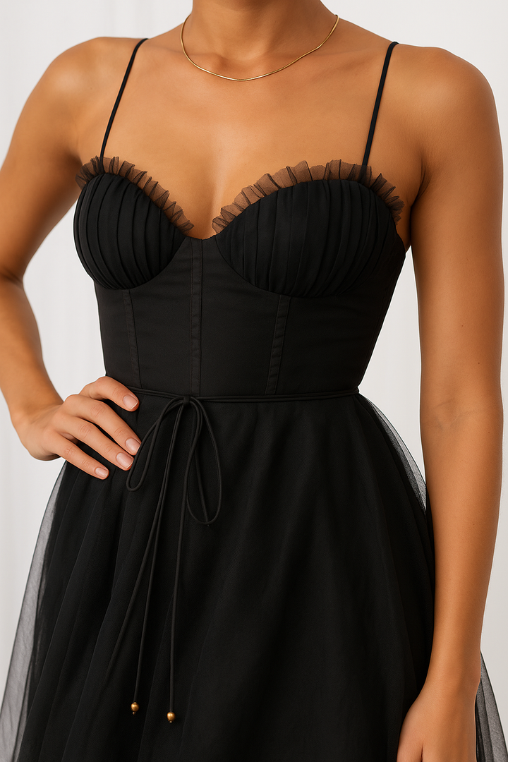 Elegant women's special occasion dress, a romantic midi gown with a chic corset bodice and flowing skirt.