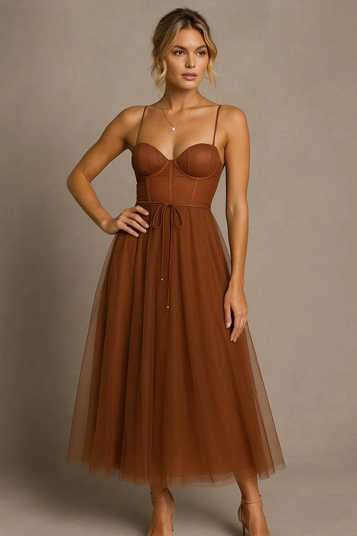 Romantic women's midi dress, a flowing elegant evening gown with corset detail for parties & formal events.