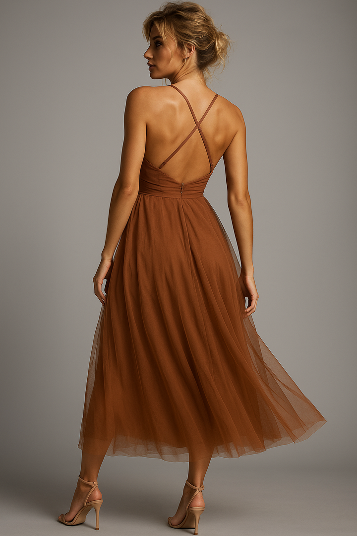 Chic women's corset midi gown, a flowing and elegant formal dress perfect for romantic evening occasions.
