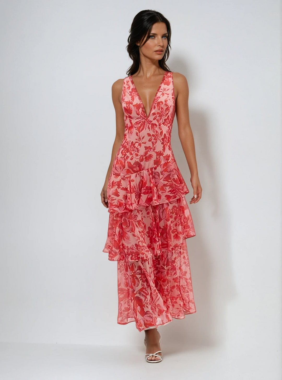 Women's Ruffle Floral Summer Midi Dress with V-neck, elegant strappy back. Perfect for vacation & evening events.