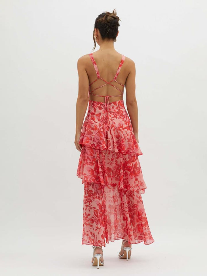 Elegant floral midi dress for women, featuring ruffles & a flattering V-neck, ideal for summer or resort wear.