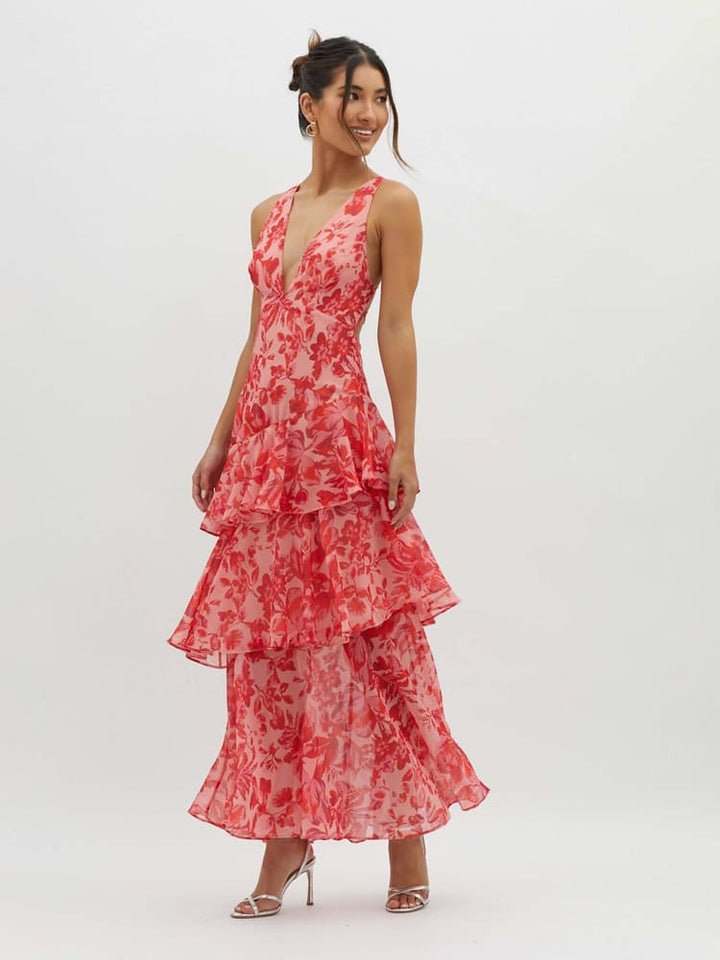 Beautiful women's floral ruffle midi dress, a chic V-neck summer style, perfect for elegant vacation evenings.