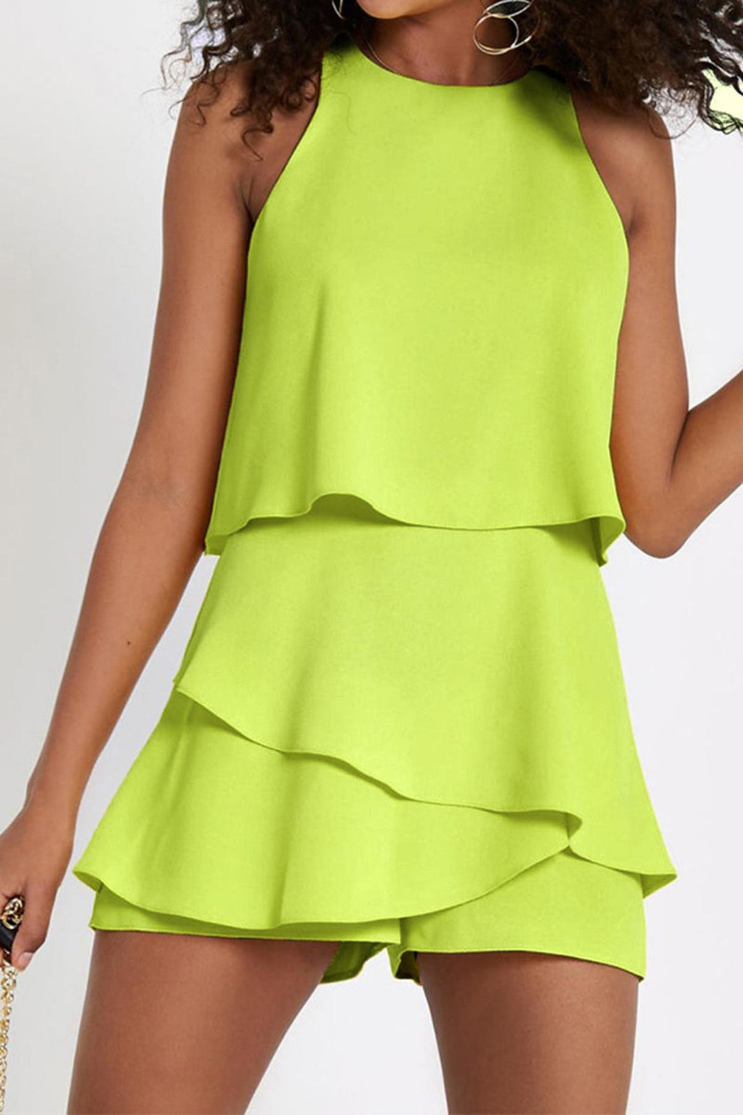 Casual women's sleeveless ruffled romper offering ultimate comfort and style for any summer activity.