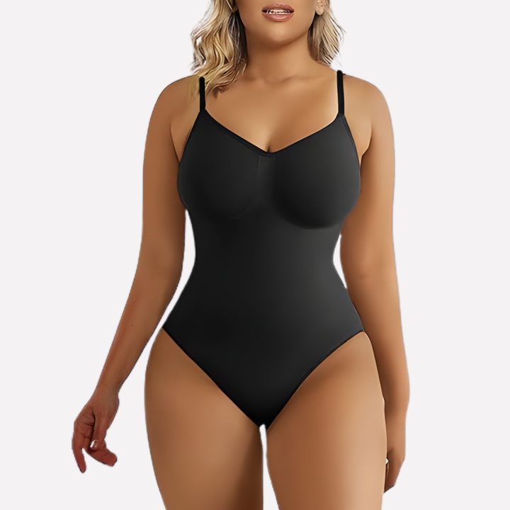 Women's seamless black bodysuit for smooth, invisible layering under clothes.
