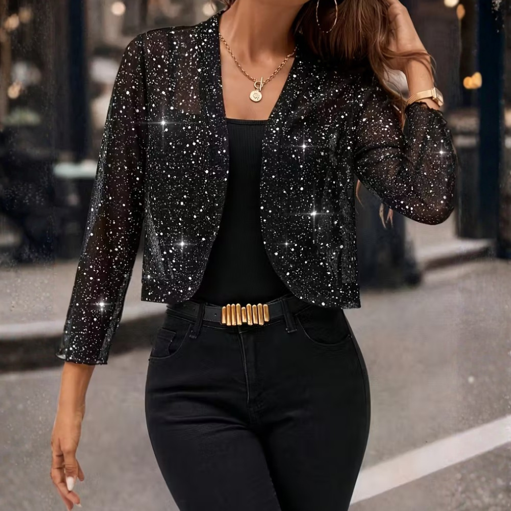 Elegant women's long sleeve open front sequin cardigan with glitter shimmer, a chic statement piece.