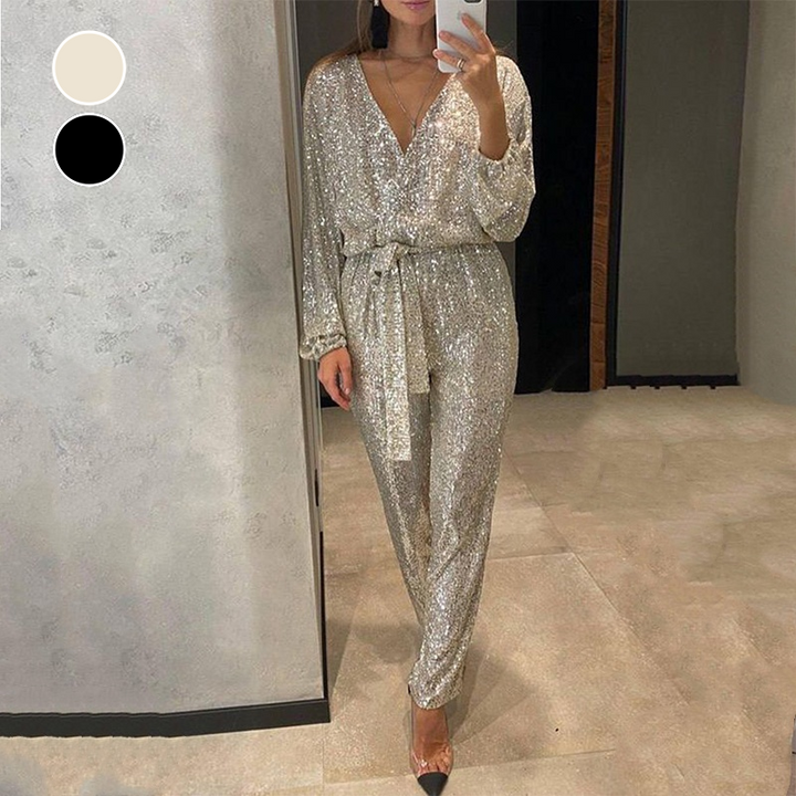 Black shimmering formal jumpsuit for women. Elegant evening wear, comfortable one-piece party outfit for events.