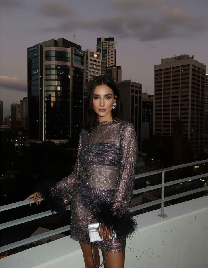 Stylish women's metallic party dress, short length, designed for a dazzling, glamorous night out.