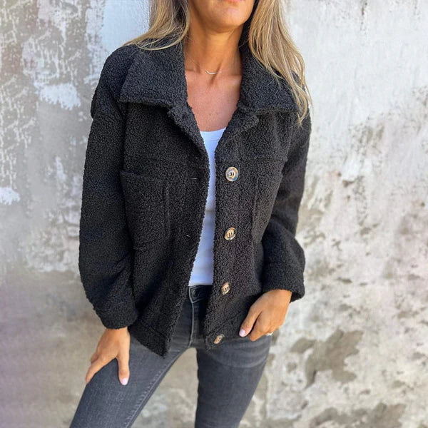 Soft teddy fabric women's short coat, a stylish and warm addition to any winter fashion wardrobe.