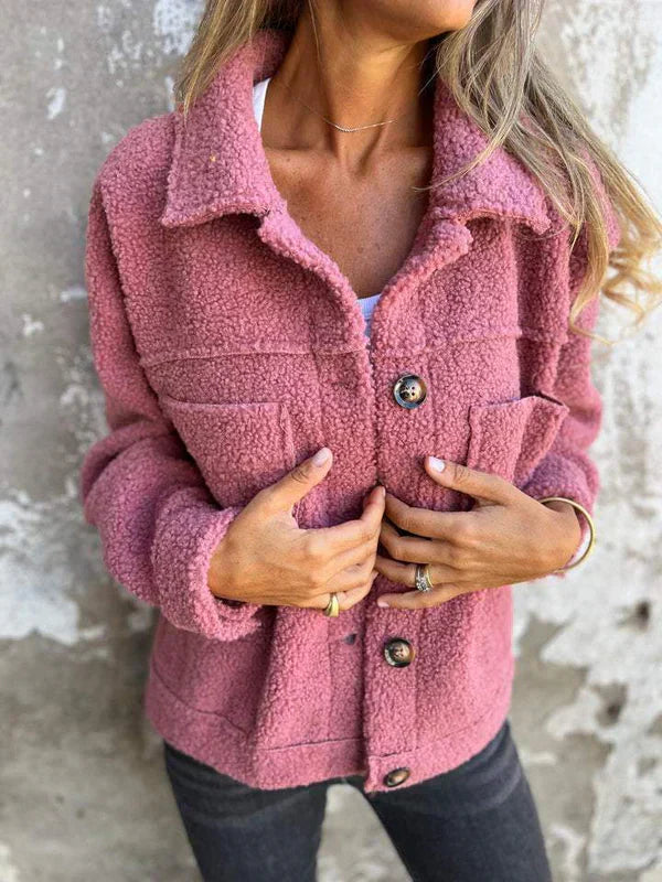 Versatile women's short teddy coat with elegant lapel, suitable for casual & stylish winter wear.