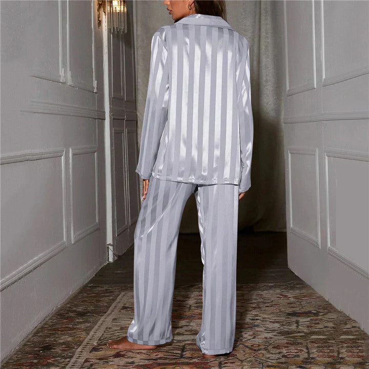 Emilia women's elegant sleepwear. Silky-soft two-piece pajama set for luxurious comfort and relaxation.