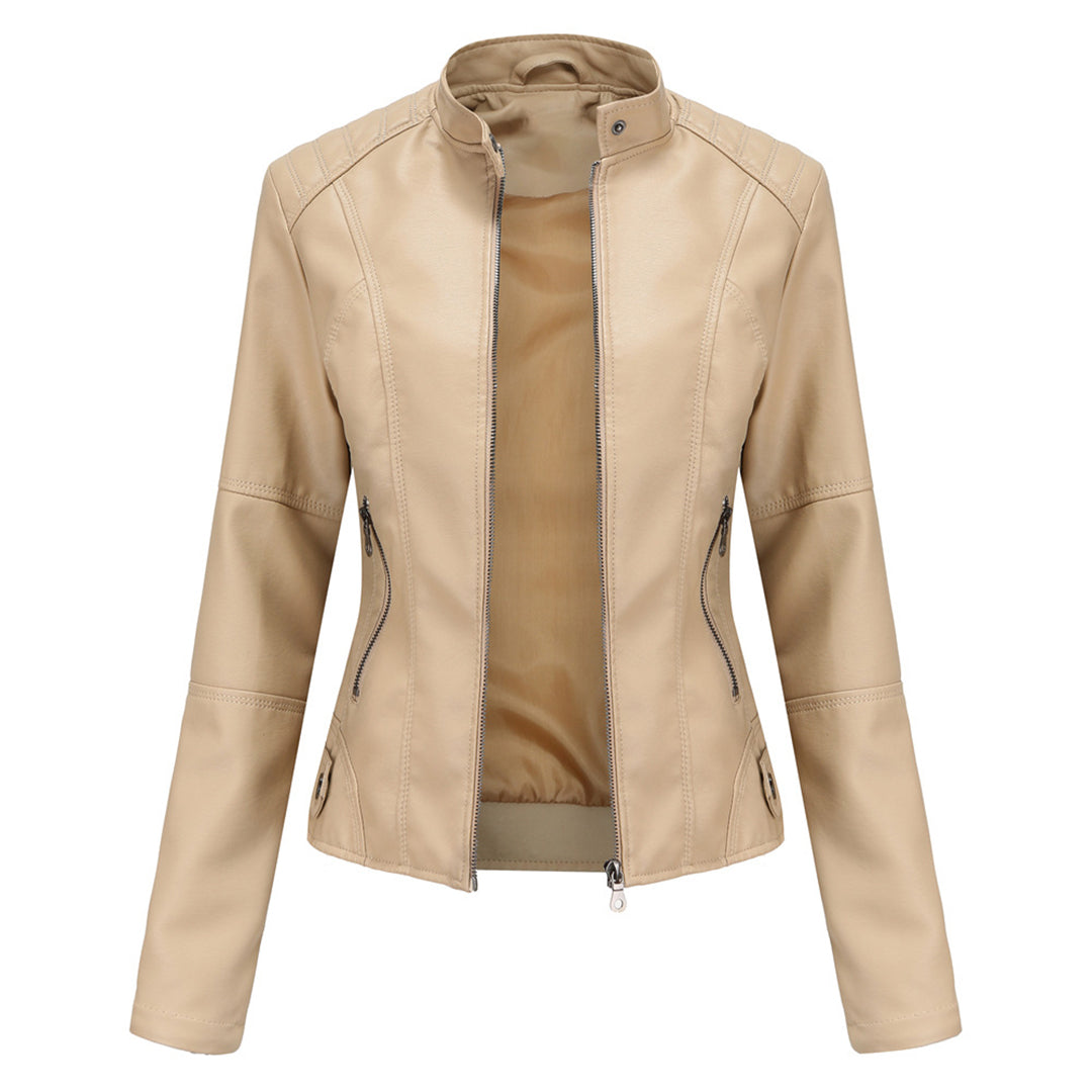 Women's sleek black tailored fitted leather jacket, offering an elegant and modern look. A versatile wardrobe essential.