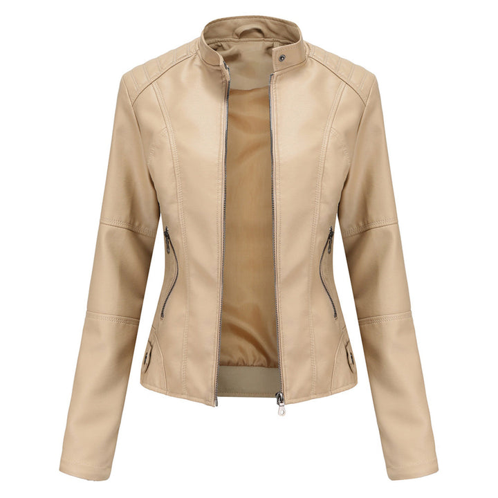 Women's sleek black tailored fitted leather jacket, offering an elegant and modern look. A versatile wardrobe essential.