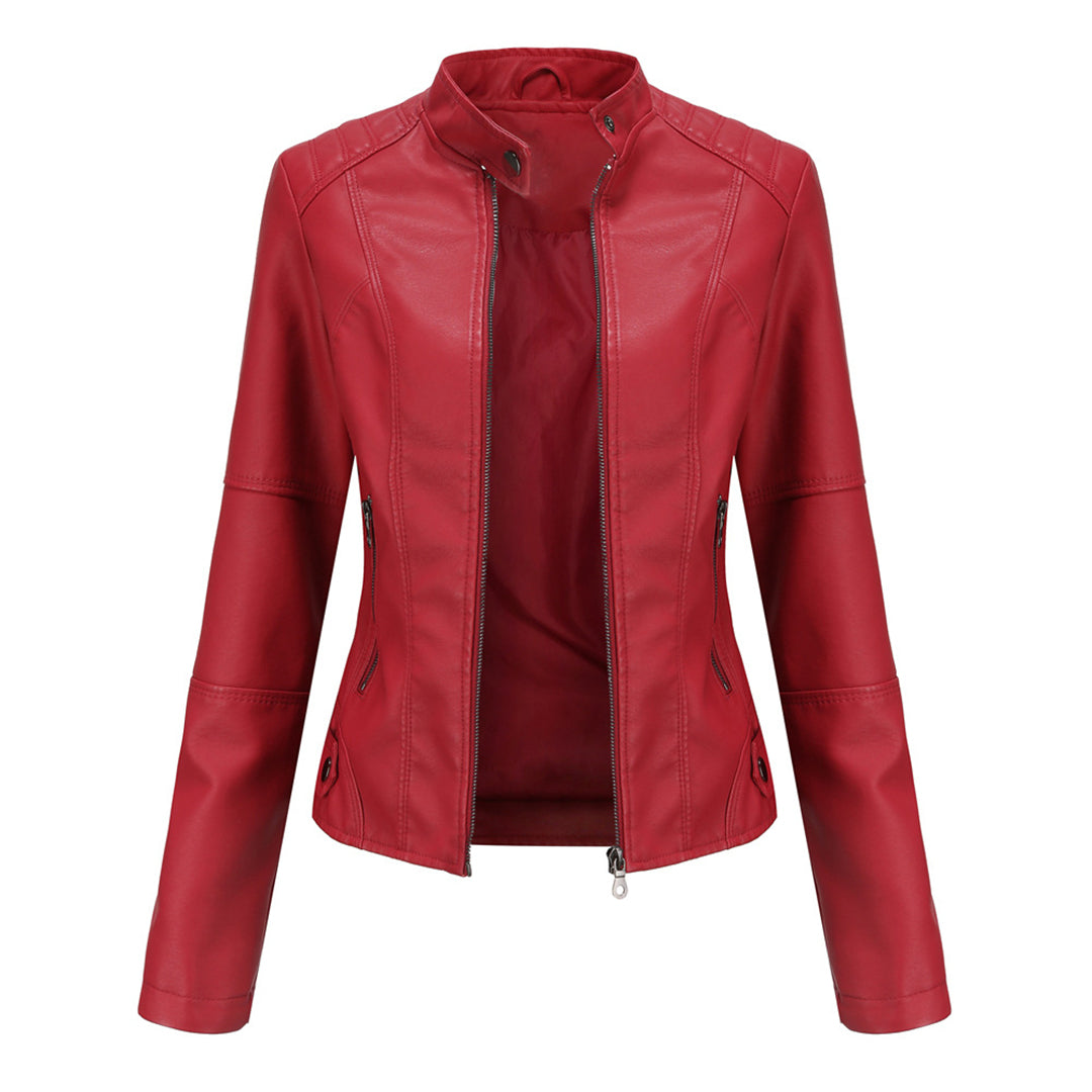 Elegant red women's tailored leather jacket with a sleek fitted design, a modern and stylish outerwear choice.