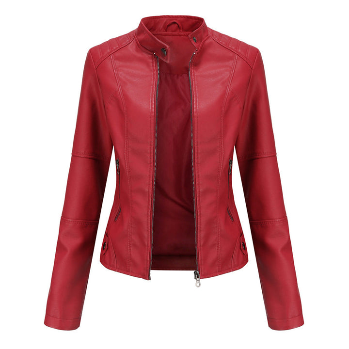 Elegant red women's tailored leather jacket with a sleek fitted design, a modern and stylish outerwear choice.