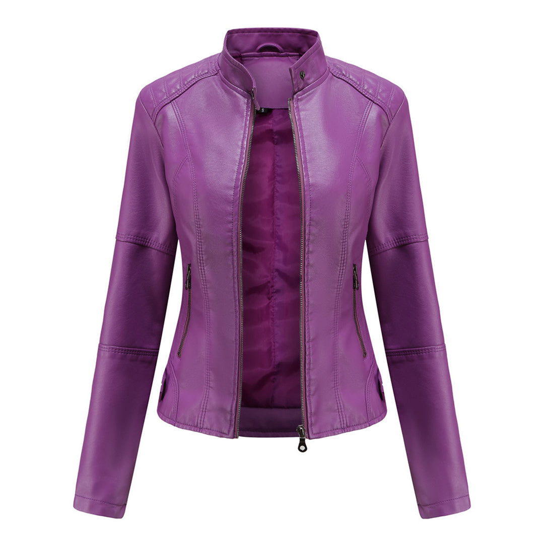 Stylish beige fitted leather jacket for women, offering a versatile and chic look. A modern wardrobe essential.