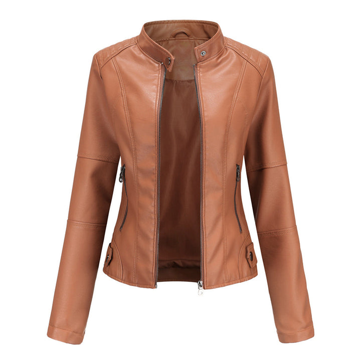 Sophisticated purple tailored leather jacket for women, featuring a sleek fitted cut for an elegant appearance.