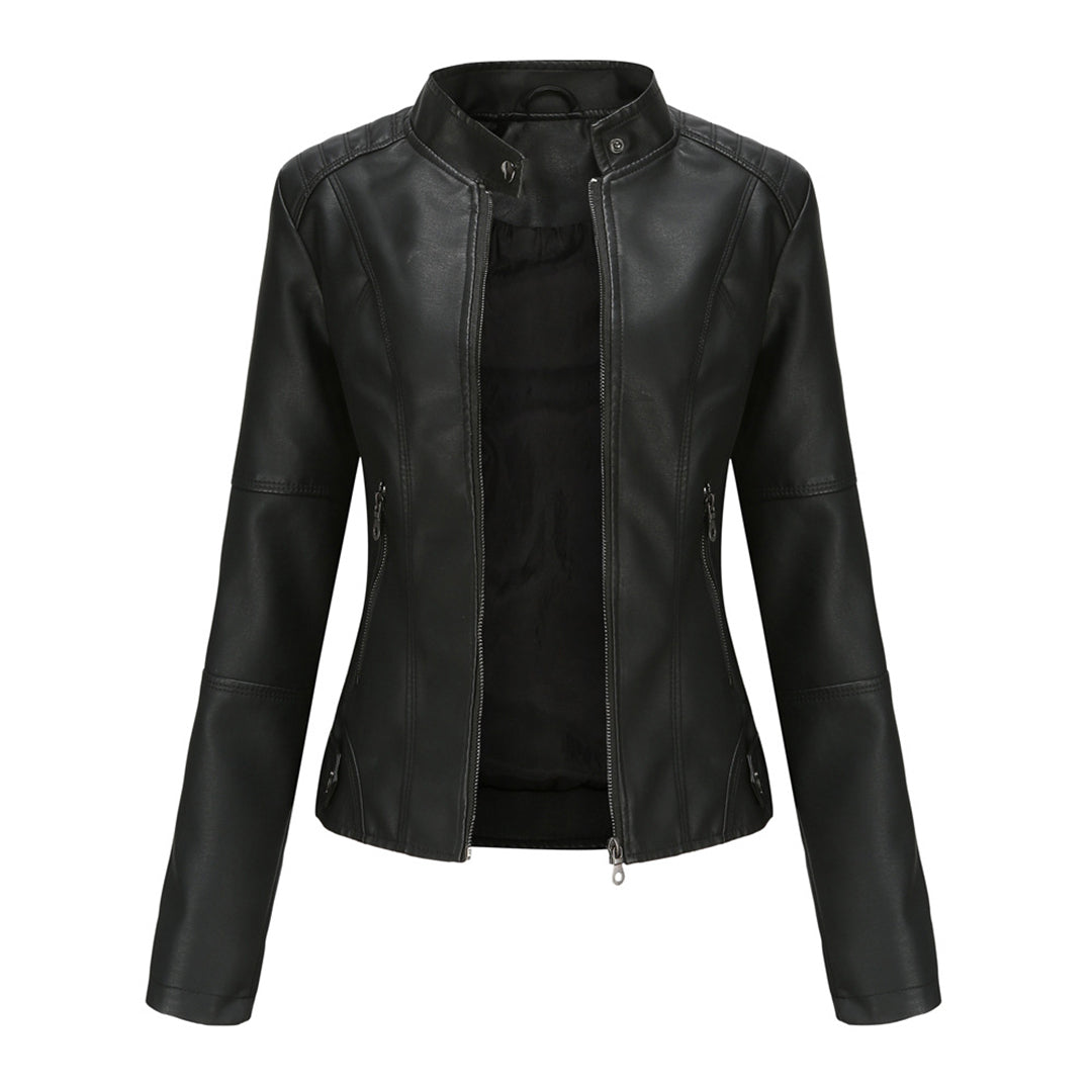 Classic black women's fitted leather jacket, tailored for a sleek and elegant silhouette. A timeless wardrobe essential.