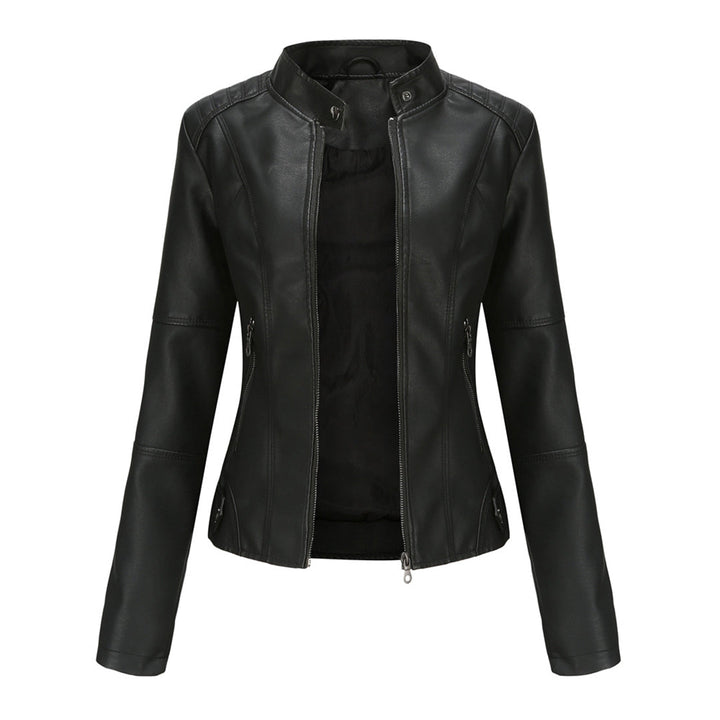 Classic black women's fitted leather jacket, tailored for a sleek and elegant silhouette. A timeless wardrobe essential.