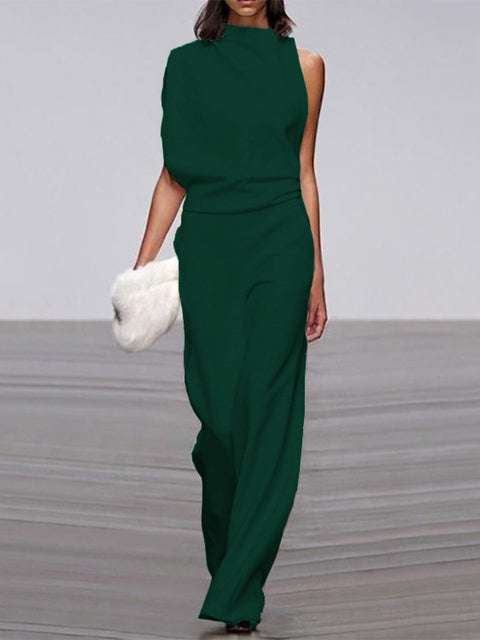 Modern women's sleeveless jumpsuit featuring a chic open back and comfortable wide-leg design for any occasion.