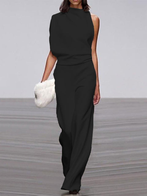 Front view of stylish women's wide-leg sleeveless jumpsuit, comfortable one-piece for versatile fashion.