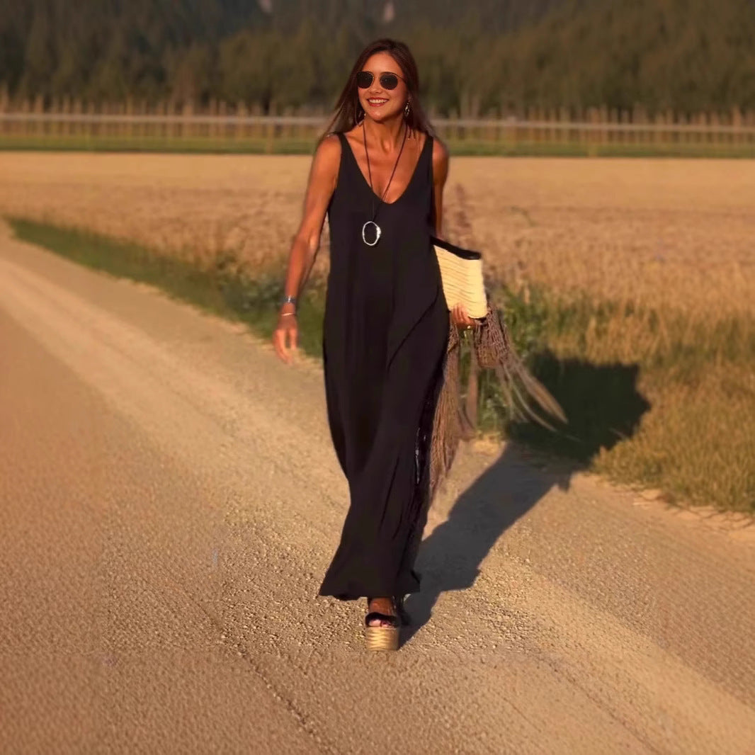 Elegant solid color sleeveless maxi dress, perfect for women's resort wear and vacations.