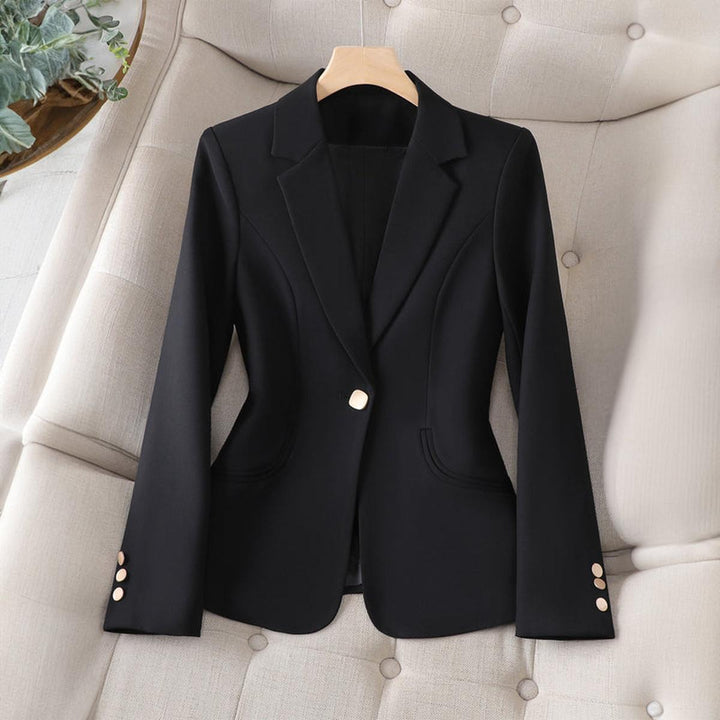 Stylish women's outerwear blazer, slim fit, elegant lapel collar. Versatile for professional or fashionable outfits.