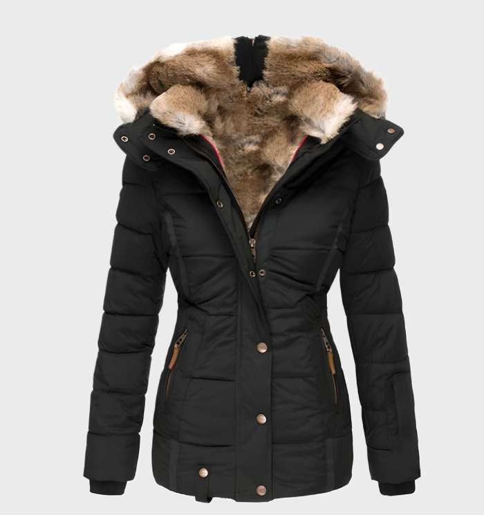 Women's slim fit hooded winter jacket in Aurora, perfect for stylish warmth in cold weather. Everyday outerwear.