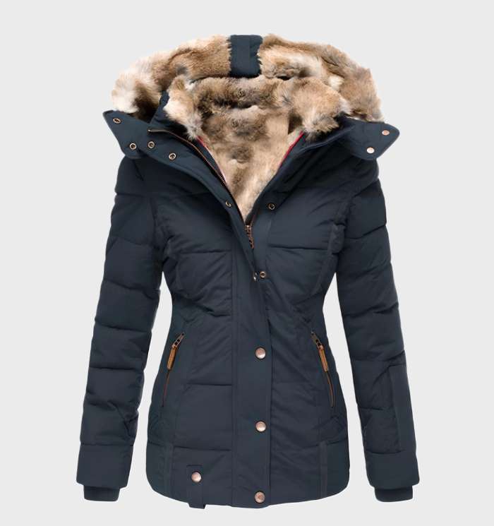 Stylish women's Aurora slim fit hooded winter coat for ultimate warmth & comfort in cold weather fashion.
