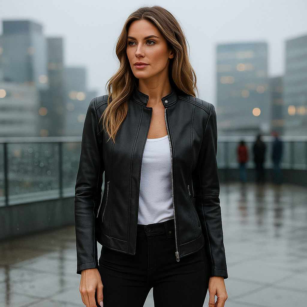 Women's slim fit jacket with a chic Mao collar and full zip closure, perfect for an elegant, tailored look.