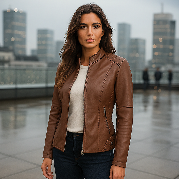 Sophisticated women's slim fit jacket, featuring a Mao collar & zip, ideal for versatile spring or autumn fashion.
