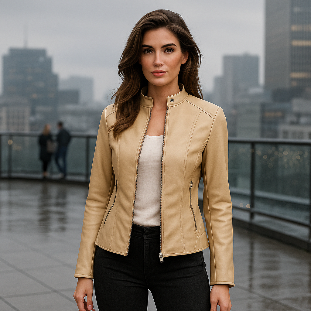 Elegant women's slim fit jacket with a stylish Mao collar & convenient zip closure. A fashion-forward, casual chic piece.