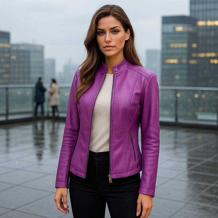 Tailored women's slim fit jacket. This zip-up outerwear boasts a sleek Mao collar for a modern, sophisticated style.