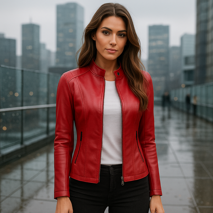 Versatile women's slim fit jacket with a fashionable Mao collar & zip. Excellent for both casual chic & elegant autumn style.