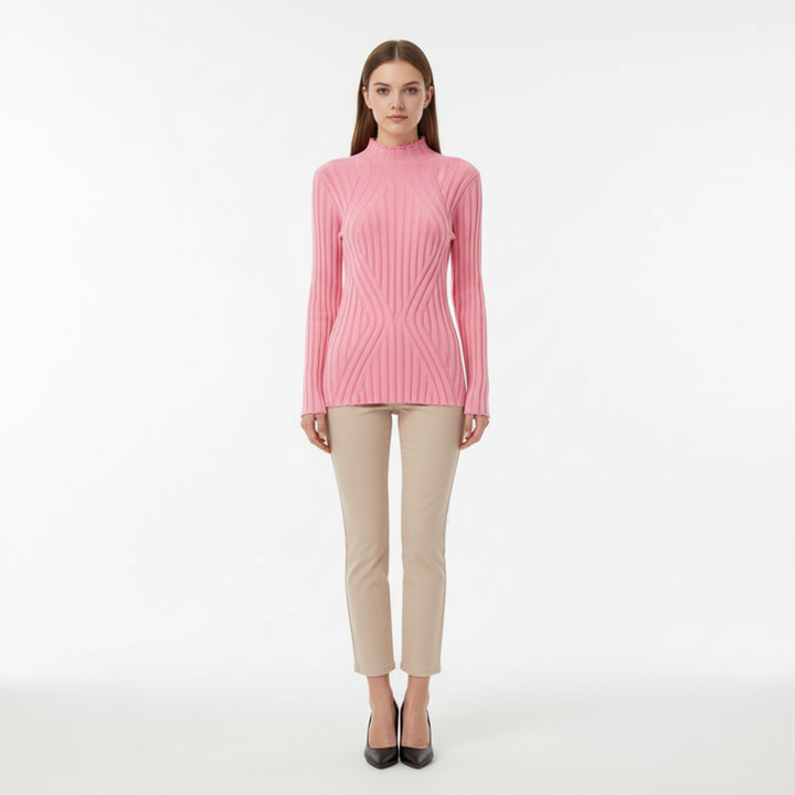 Elegant women's slim fit ribbed turtleneck sweater, perfect for chic winter apparel.