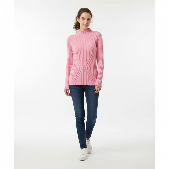Patterned women's slim fit ribbed high neck knitted jumper with subtle geometric design.