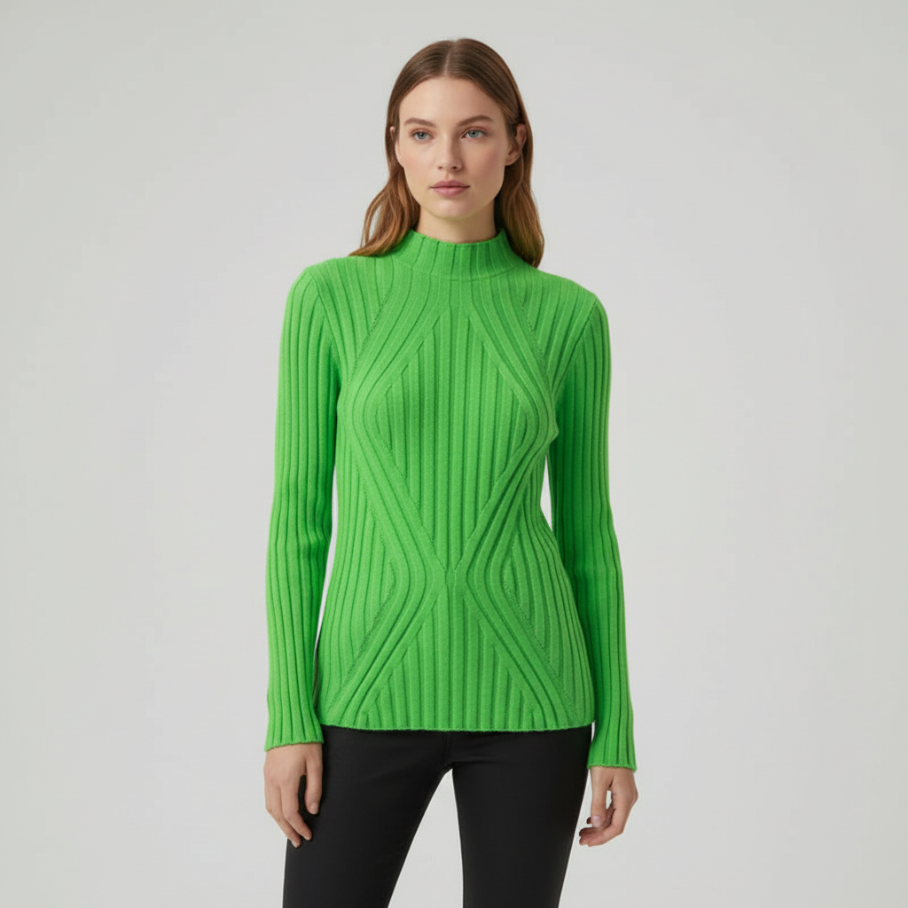 Stylish women's winter fashion: a slim fit ribbed high neck knitted jumper.