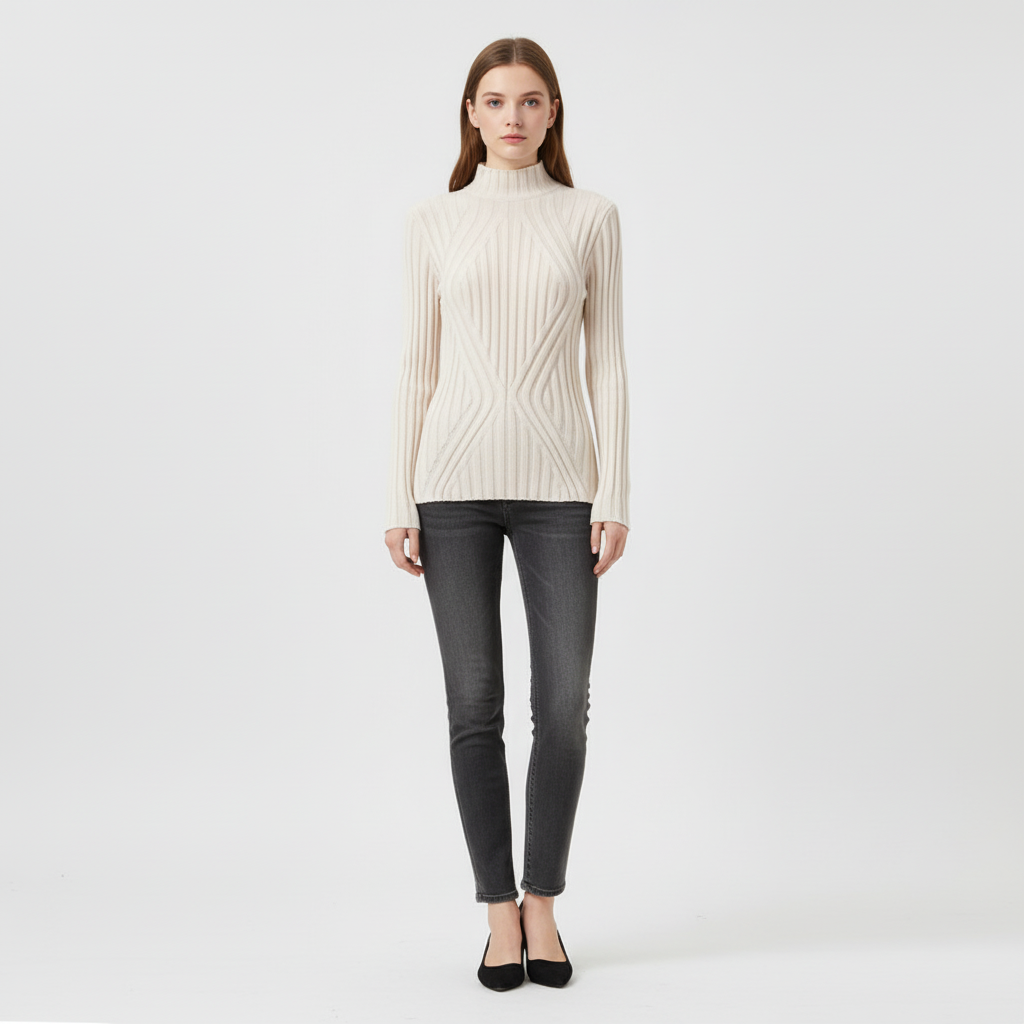 Geometric patterned slim fit ribbed turtleneck sweater for women. A modern winter essential.