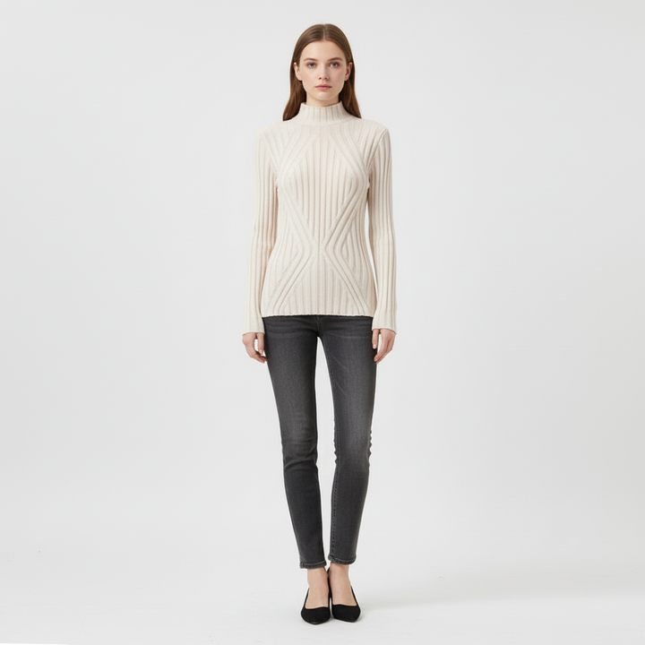 Geometric patterned slim fit ribbed turtleneck sweater for women. A modern winter essential.