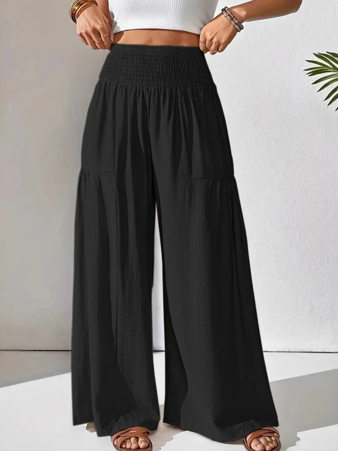 Women's high waist wide leg pants, featuring a comfy smocked waist, great for flowy casual style.
