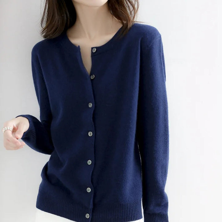 Stylish women's round neck button cardigan, a cozy and soft sweater for everyday wear.