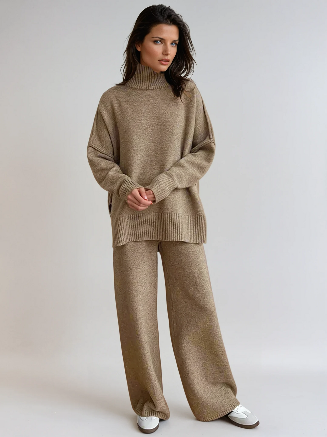 Women's soft knit turtleneck lounge set with wide-leg pants for cozy casual wear & winter comfort.